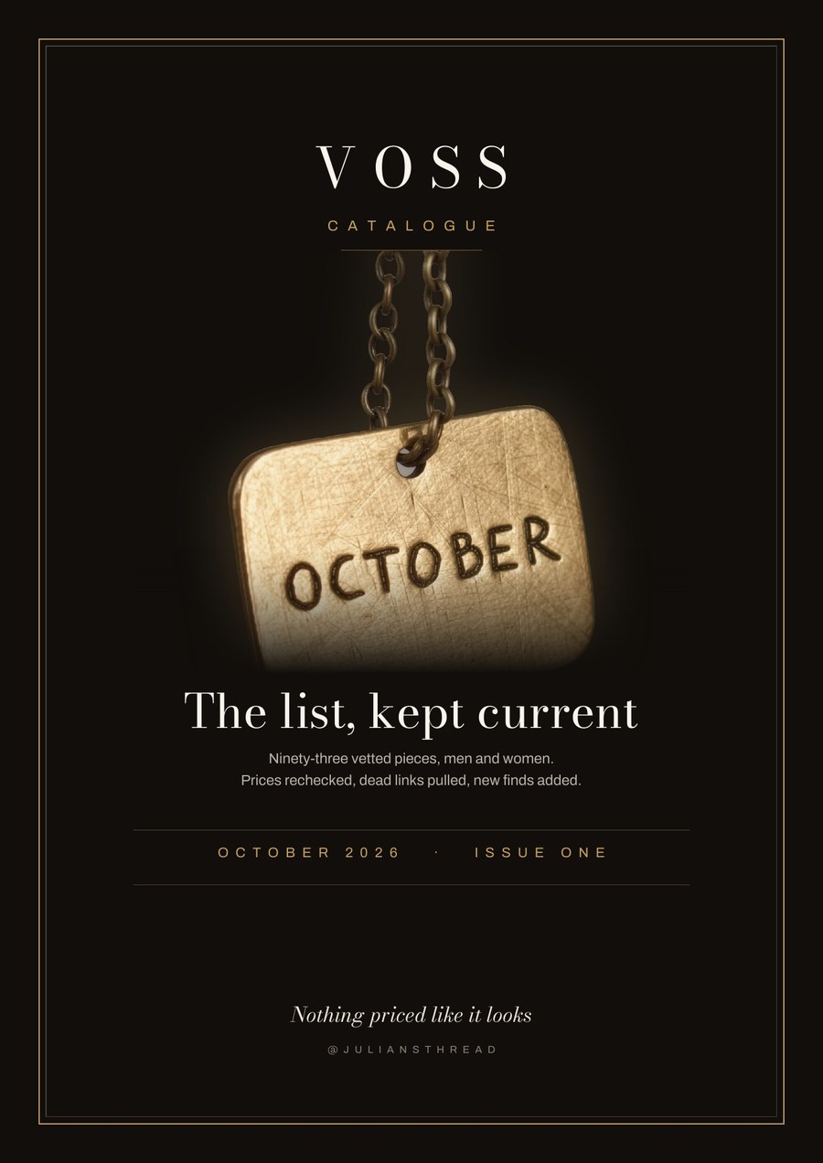 Cover of the VOSS Catalogue, October 2026, showing a brass garment tag stamped OCTOBER