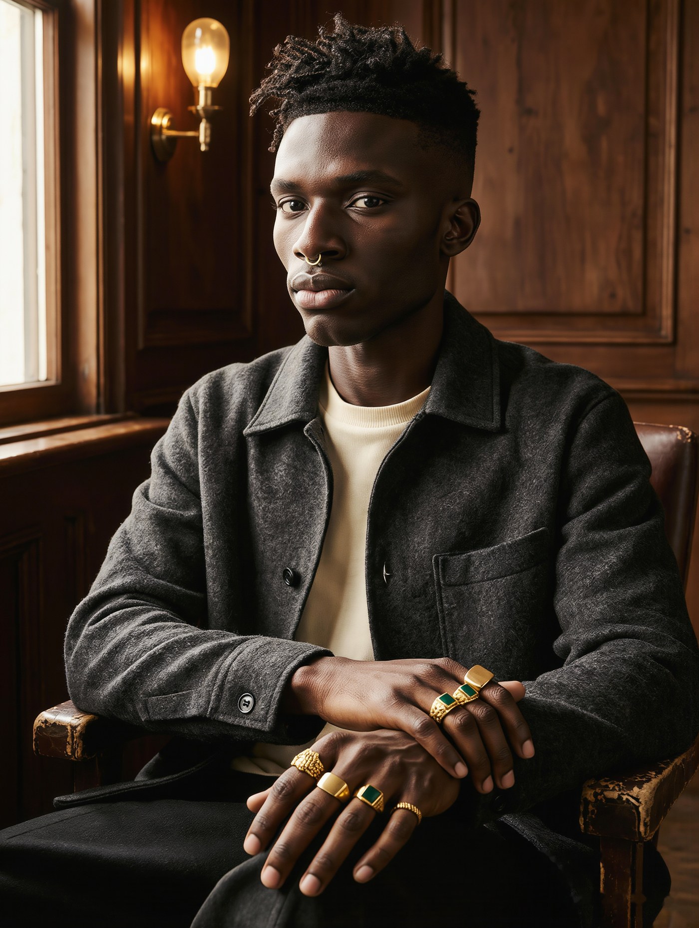 Julian Voss seated in a panelled room in a grey wool overshirt, wearing a stack of gold signet rings