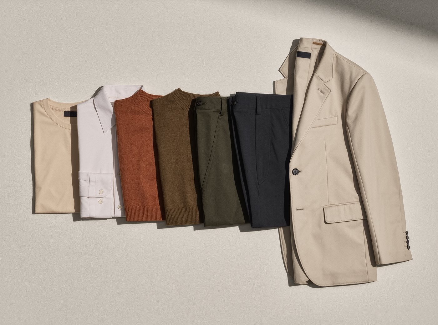 Seven garments laid out in a row on a pale ground, from a plain tee through to a tailored jacket